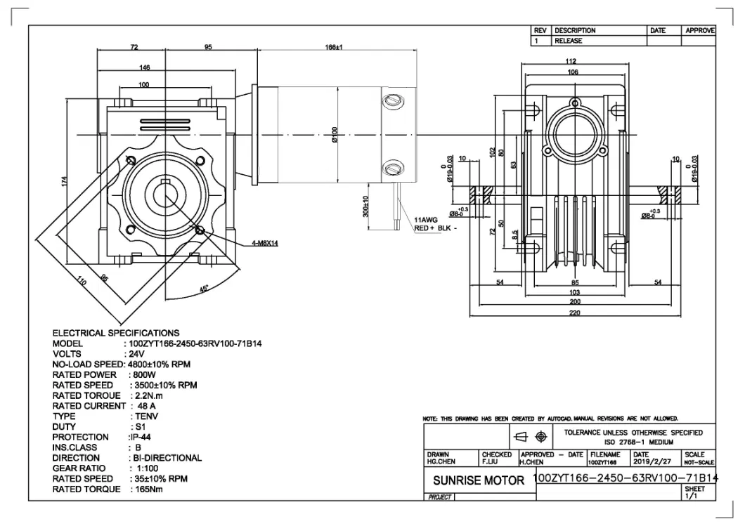 100zyt166-2450-63RV100-71b14 DC Motor Brushed Motor Gear Motor for Motion Simulator PMDC Motor 800W 3500rpm 24VDC 2.2n. M